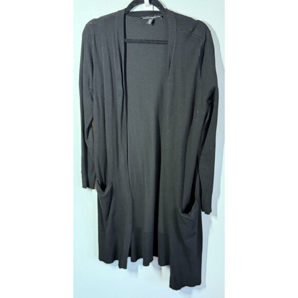 White House Black Market Womens Long Open Cardigan Sweater Medium Black Duster - Picture 1 of 11